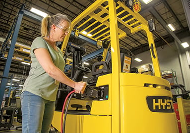 Hyster electric forklift is being charged