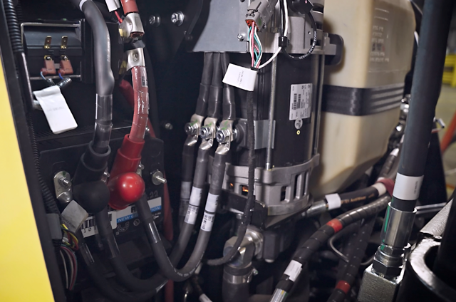 Close-up of Hyster three-wheel stand forklift battery