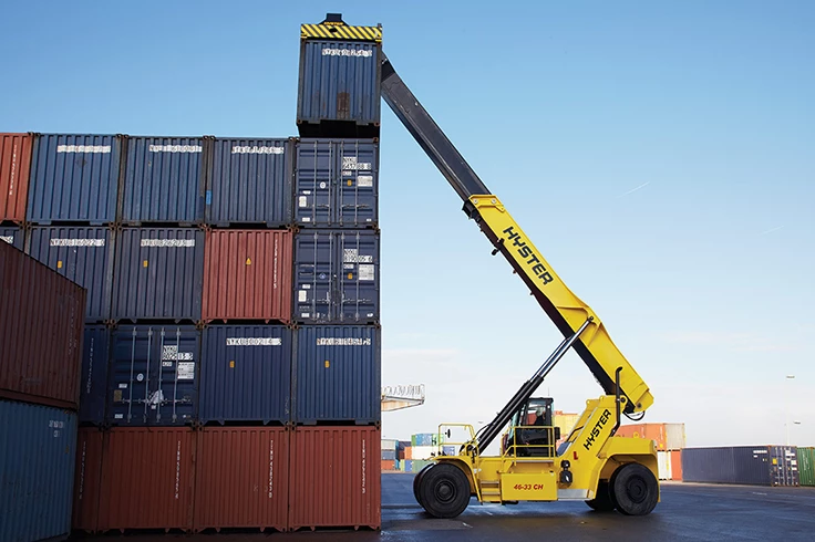 Hyster forklift truck moving container