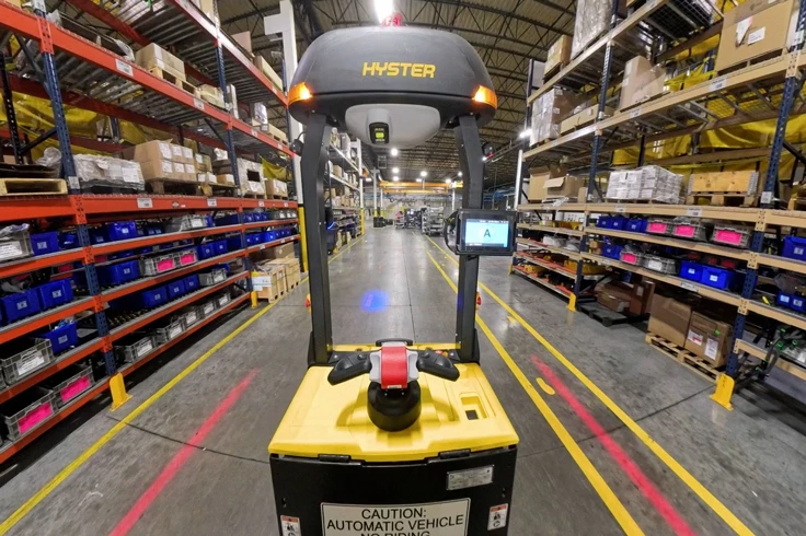 View from riding inside a Hyster Atlas automated tugger